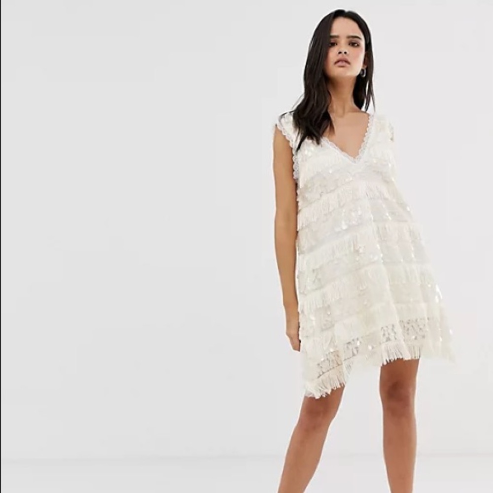 NWT ASOS Ivory Sequin and Fringe Swing Dress